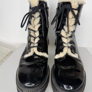 Tory Burch Patent Leather Lace Up shearling Lined Combat Log Lug Sole